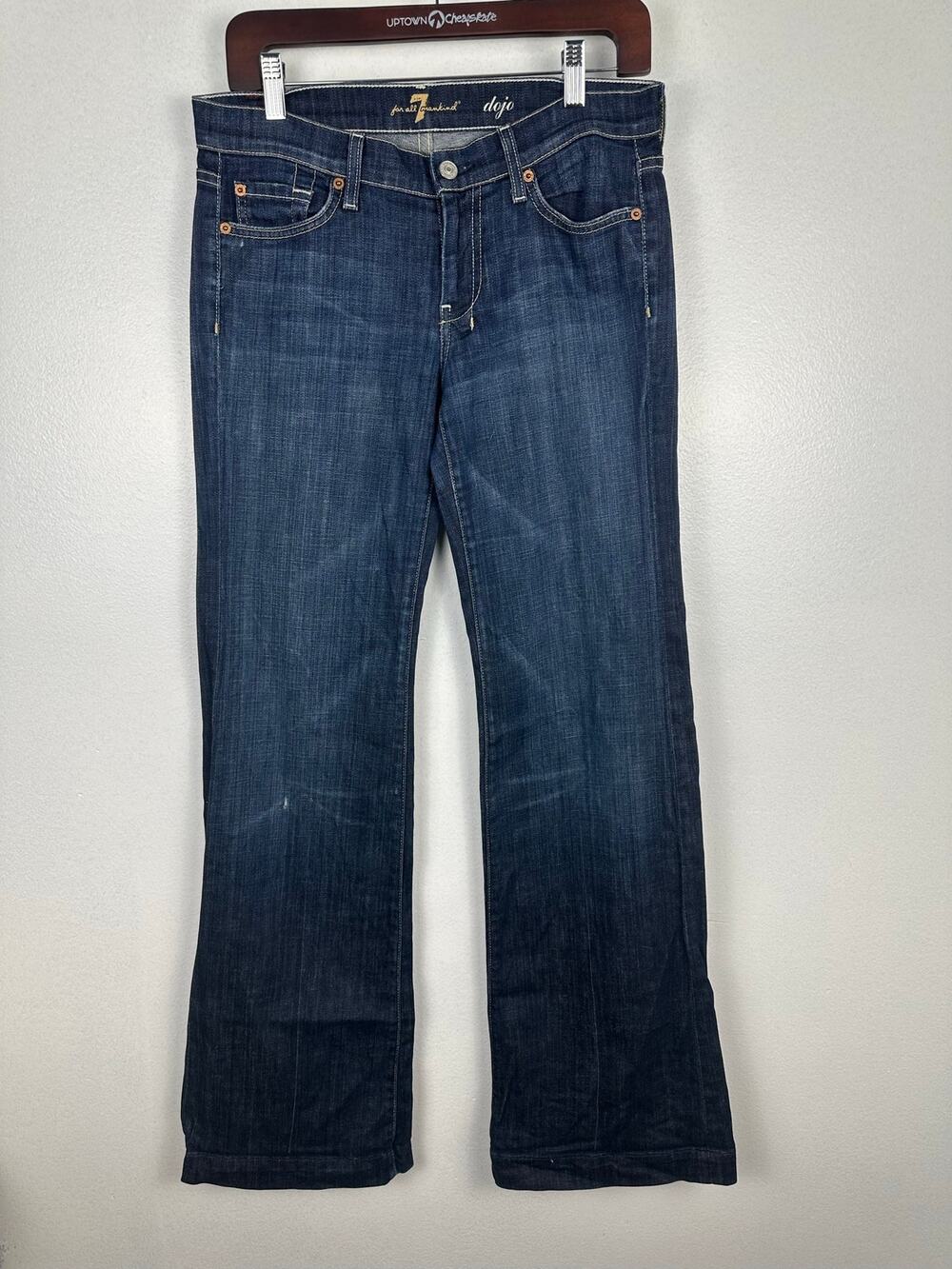 7 For All Mankind DOJO Flare Jeans Dark Wash Embroidered Bootcut Blue Sz 28